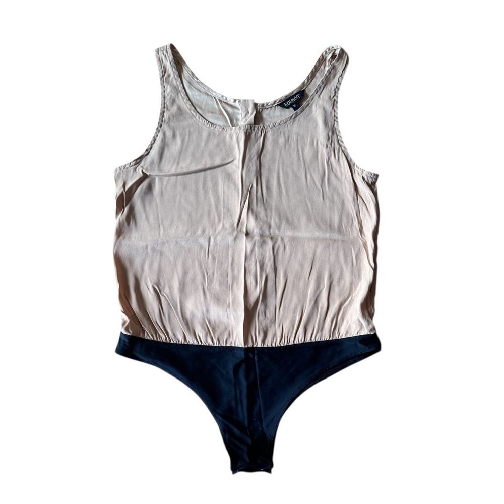 Kova + T Silk Bodysuit Tan Nude Sleeveless Button Down Back Snap Closure